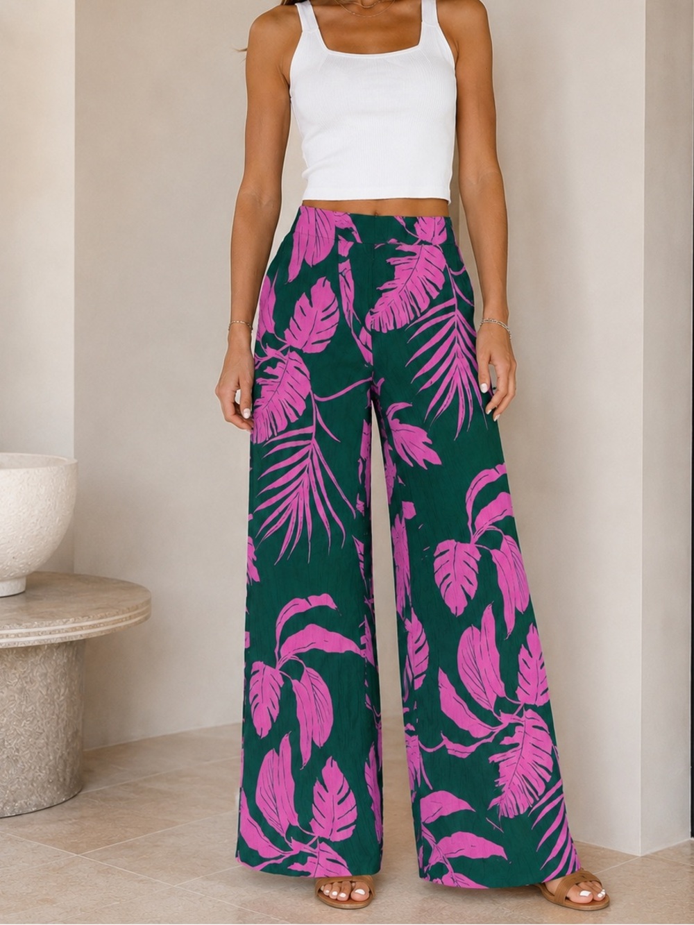 MNG Mango Tropical Leaf Print Wide Leg Pants US 6 EU 38 Pink and Green
